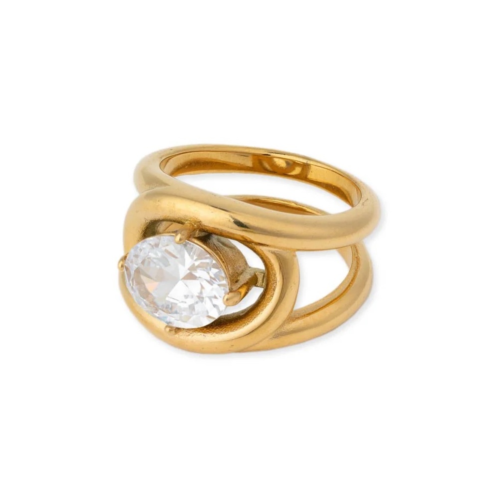 Gold Double Band Ring with Crystal NWOT